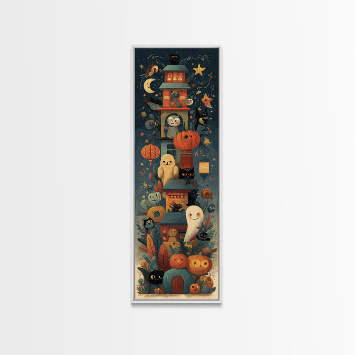 The Festival Of Friendly Frights, Screenprint Halloween Art, Tall Narrow Wall Art, Framed Canvas Print, Cute Halloween Wall Art