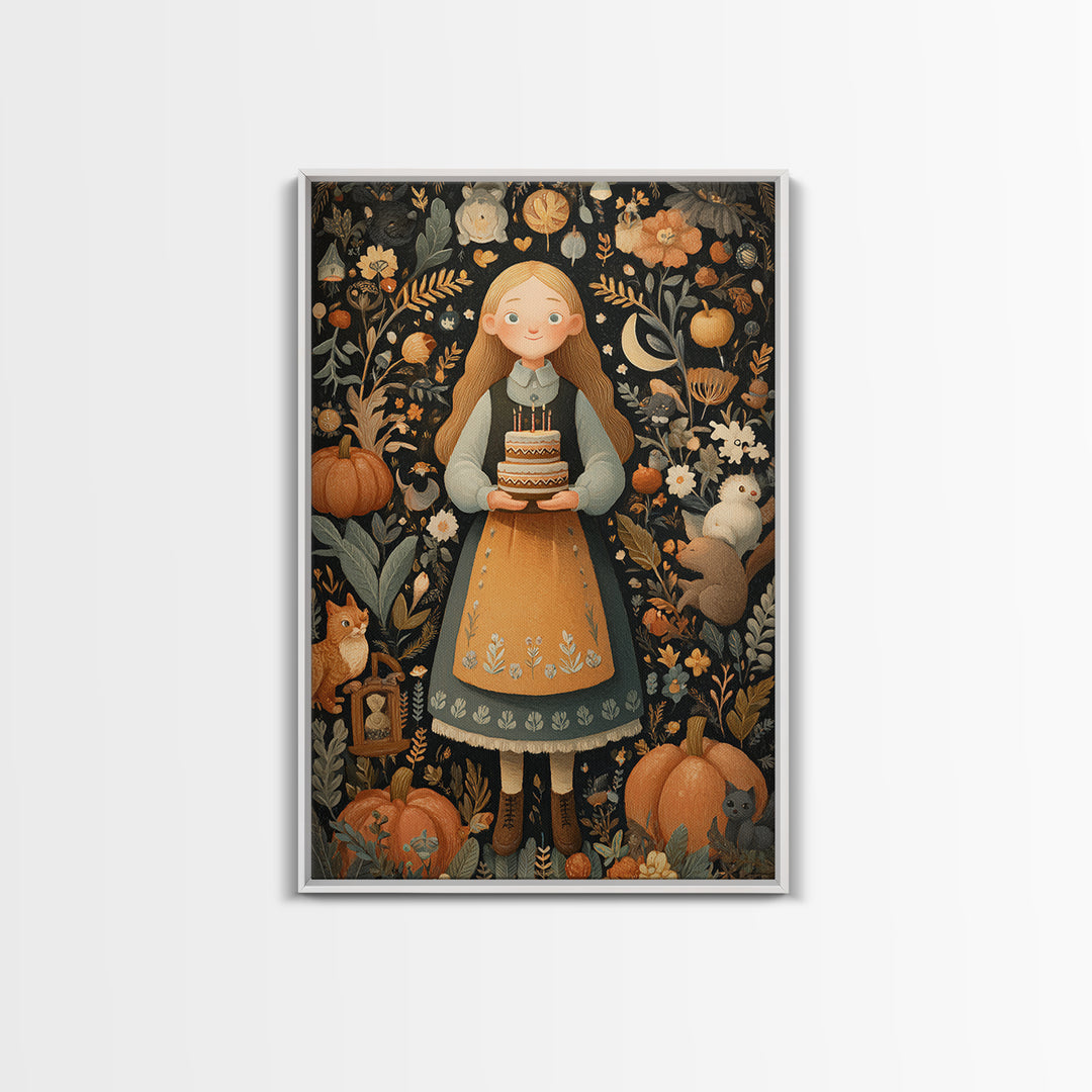 October'S Birthday Party, Folk Halloween Art, Vertical Wall Art, Canvas Print, Cute Halloween Wall Art