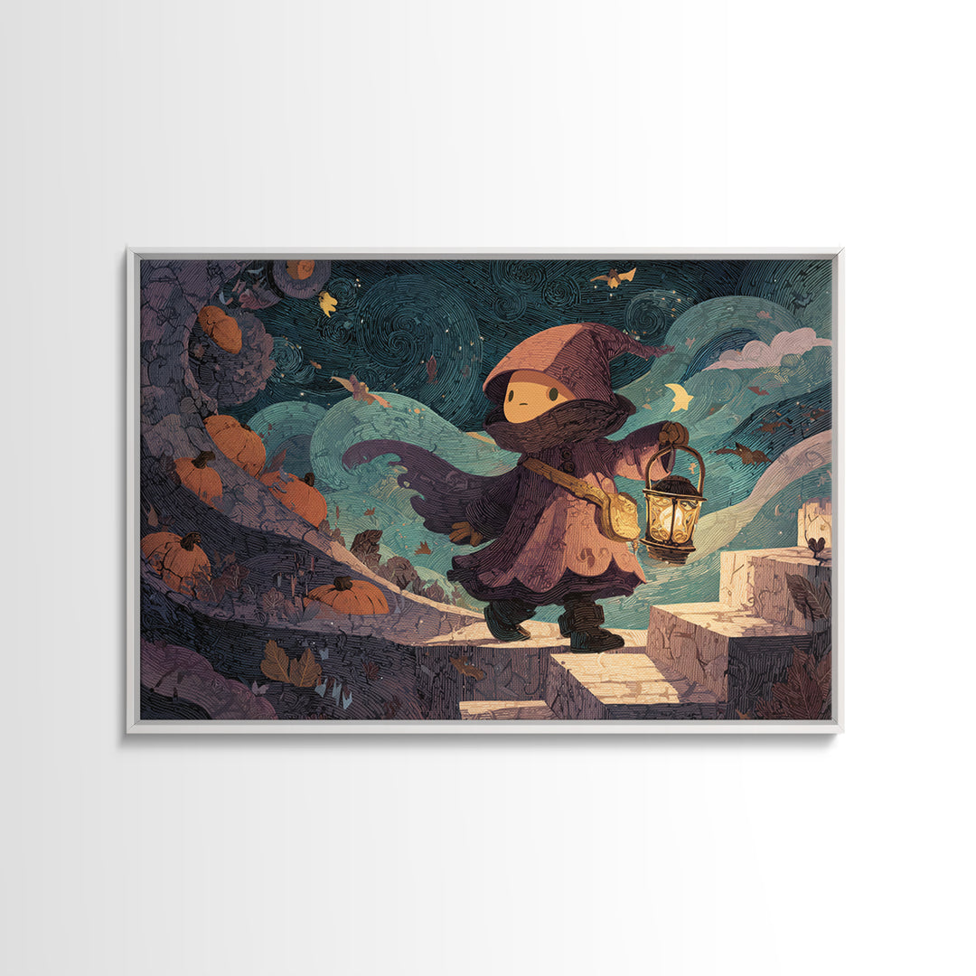 The Lantern-Bearer Of R’Lyeh, Linocut Halloween Art, Landscape Wall Art, Framed Canvas Print, Cute Halloween Wall Art