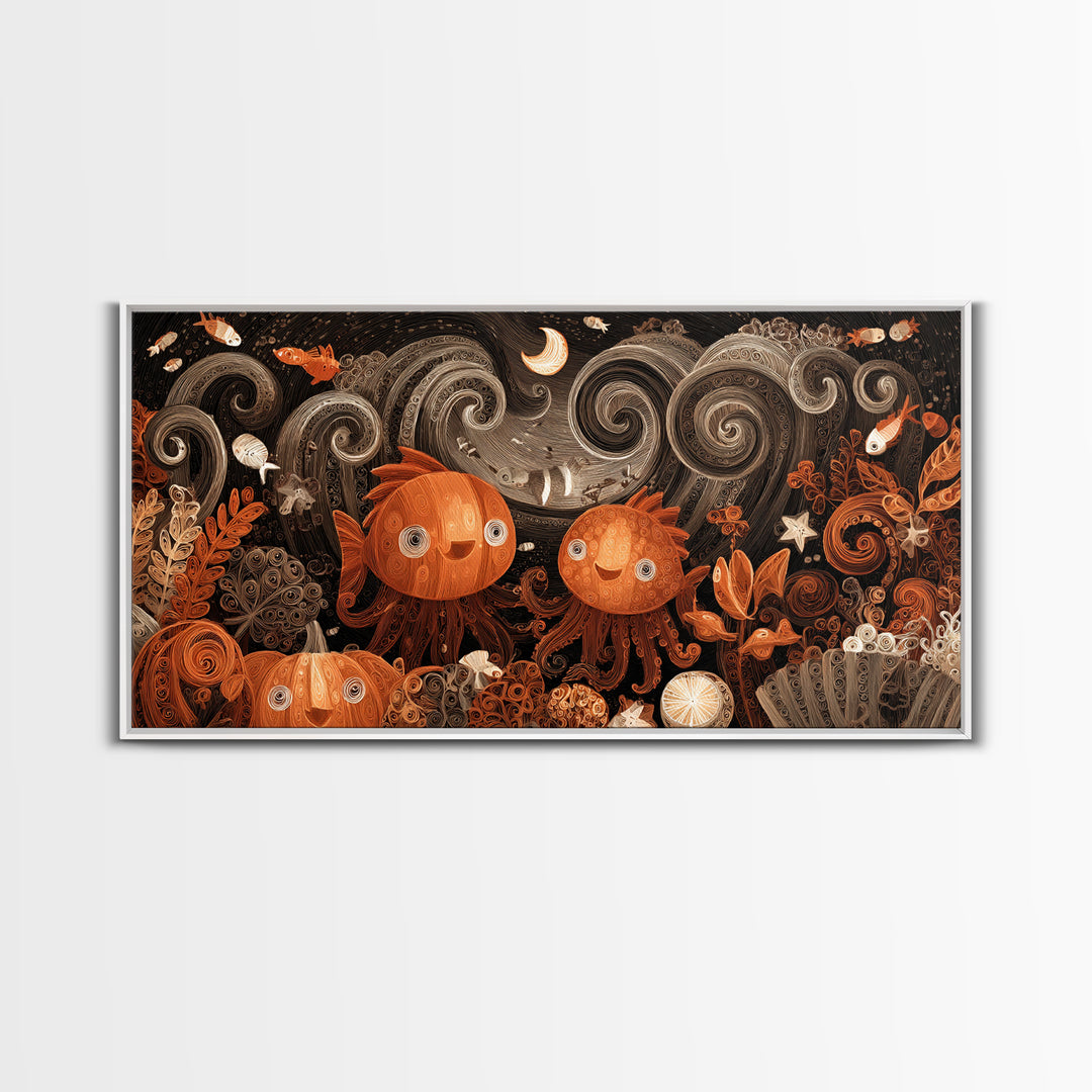 The Choir Of Deepwater Acolytes, Quilled Halloween Art, Wide Panoramic Art, Framed Canvas Print, Cute Halloween Wall Art