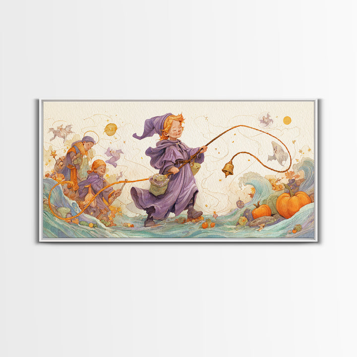 The Bellringer Of The Sunken Cathedral, Watercolor Halloween Art, Wide Panoramic Art, Framed Canvas Print, Cute Halloween Wall Art
