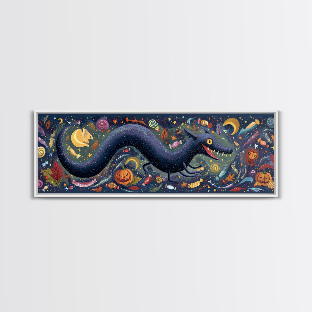 The Crawler Beneath The Floor Of Stars, Gouache Halloween Art, Extra Wide Wall Art, Canvas Print, Cute Halloween Wall Art