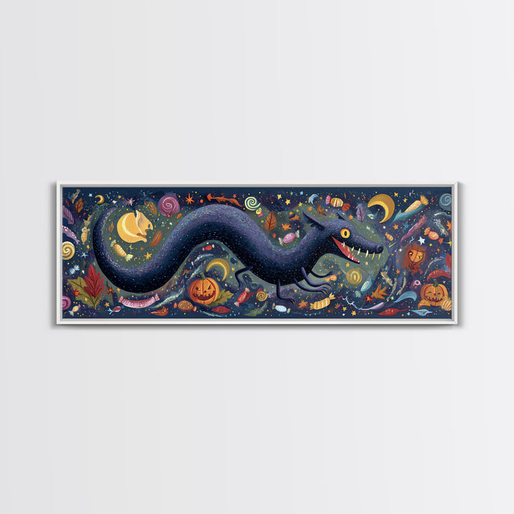 The Crawler Beneath The Floor Of Stars, Gouache Halloween Art, Extra Wide Wall Art, Canvas Print, Cute Halloween Wall Art