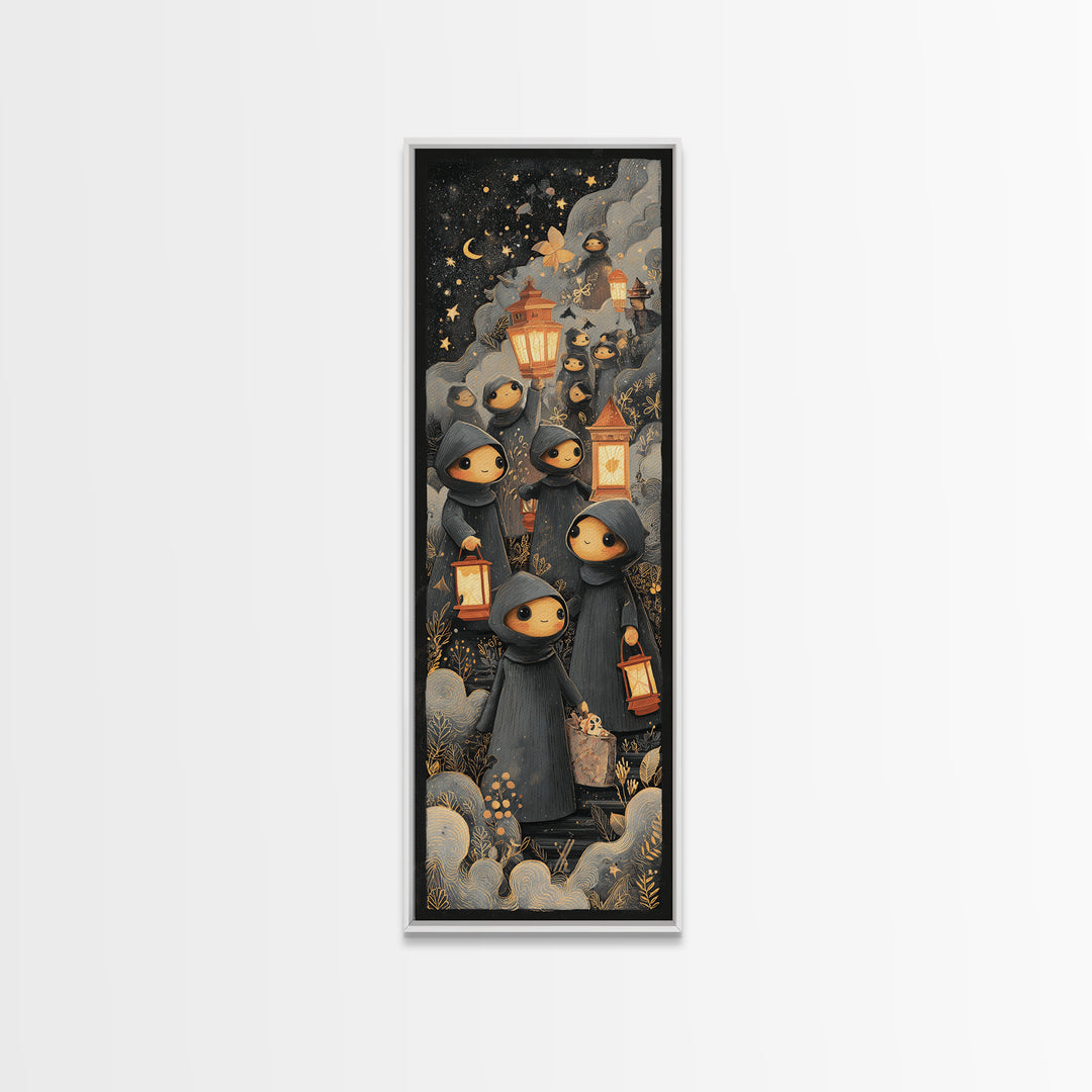 The Innsmouth Lantern Procession, Crayon Halloween Art, Tall Narrow Wall Art, Framed Canvas Print, Cute Halloween Wall Art