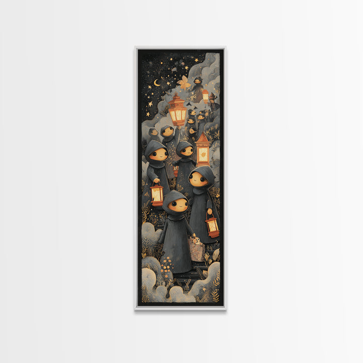 The Innsmouth Lantern Procession, Crayon Halloween Art, Tall Narrow Wall Art, Framed Canvas Print, Cute Halloween Wall Art