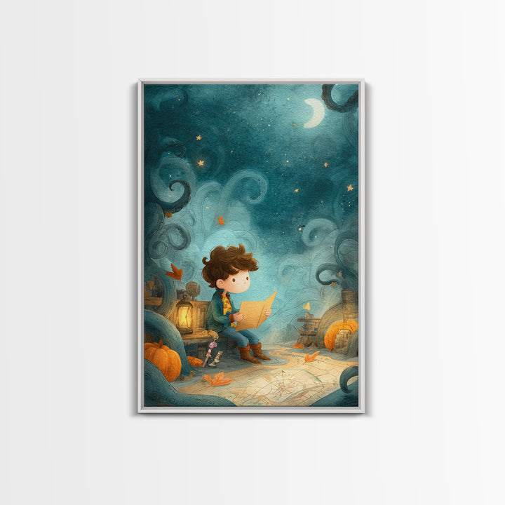 The Mapmaker Of Impossible Shores, Pastel Halloween Art, Vertical Wall Art, Canvas Print, Cute Halloween Wall Art