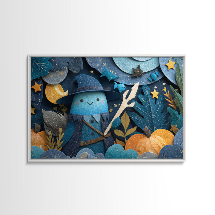 The Keeper Of The Black Reef Key, Paper Collage Halloween, Landscape Wall Art, Framed Canvas Print, Cute Halloween Wall Art