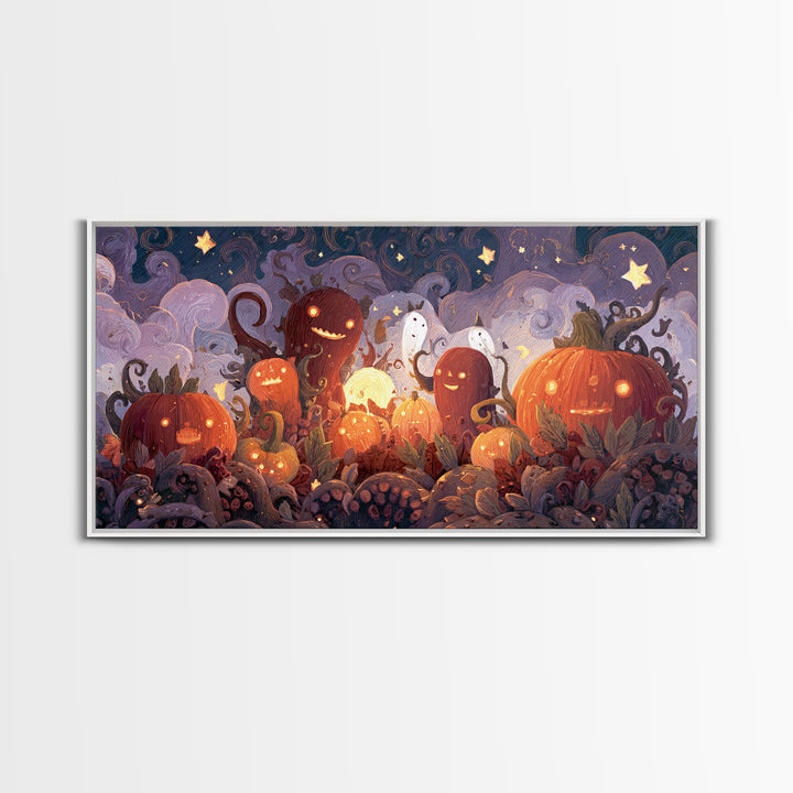 The Harvest Of The Eldritch Field, Clay Halloween Art, Wide Panoramic Art, Framed Canvas Print, Cute Halloween Wall Art