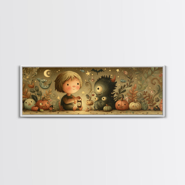 The Child Who Caught A Moon-Spawn, Plush Halloween Art, Extra Wide Wall Art, Canvas Print, Cute Halloween Wall Art