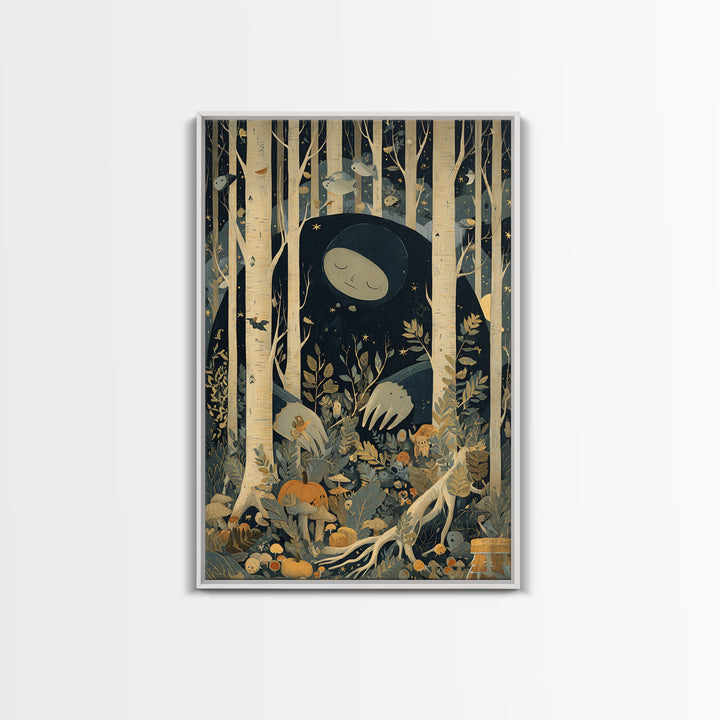 The Sleeper In The Birch Grove, Retro Halloween Art, Vertical Wall Art, Canvas Print, Cute Halloween Wall Art