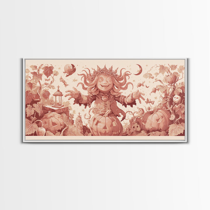 The Crown Of The Tentacled Saint, Linocut Halloween Art, Wide Panoramic Art, Framed Canvas Print, Cute Halloween Wall Art