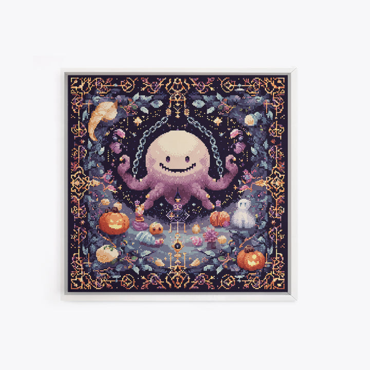 The Moonlit Shoggoth Menagerie, Pixel Halloween Art, Square Wall Art, Canvas Print, Cute Halloween Wall Art