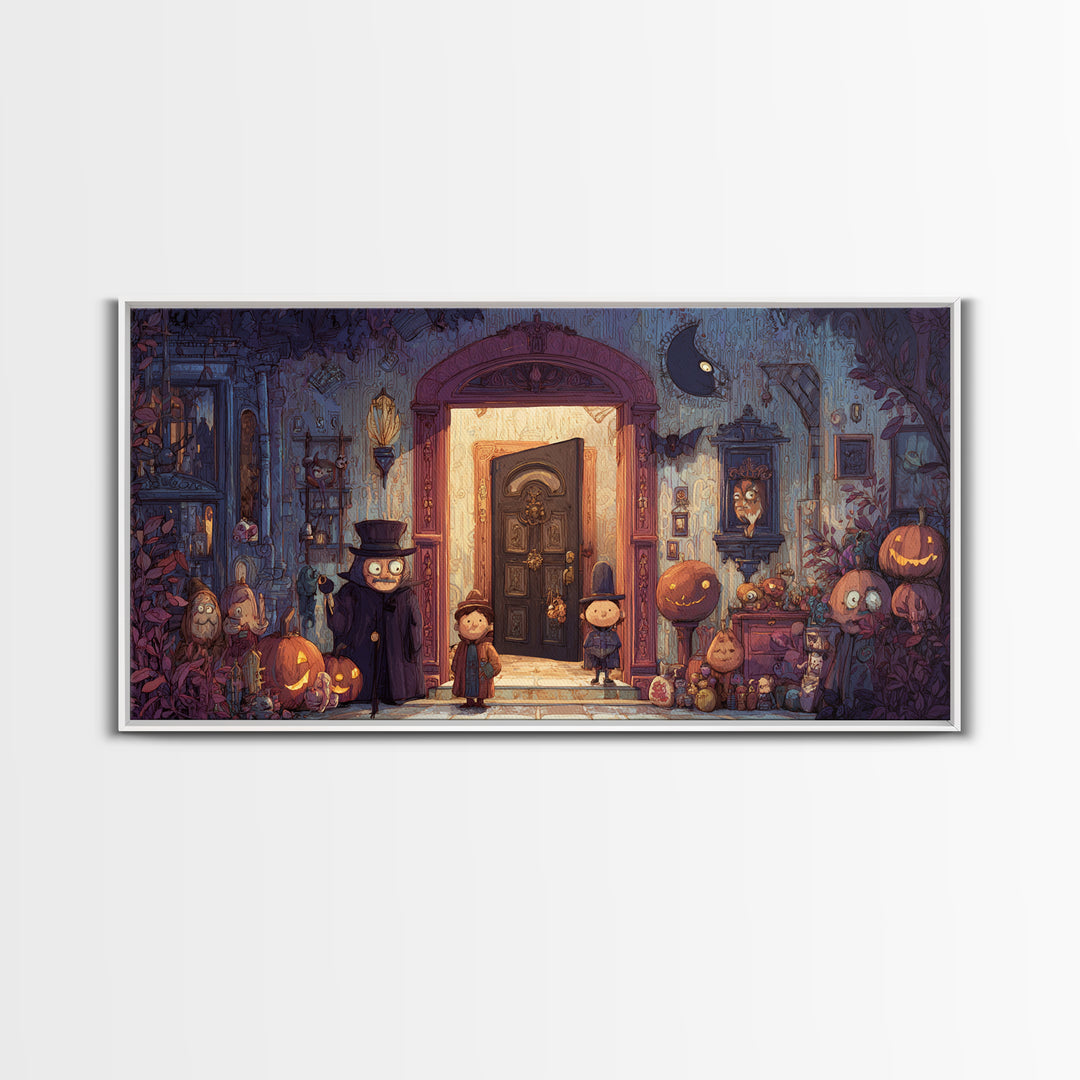 The Thirteenth Door Of Arkham House, Vector Halloween Art, Wide Panoramic Art, Framed Canvas Print, Cute Halloween Wall Art