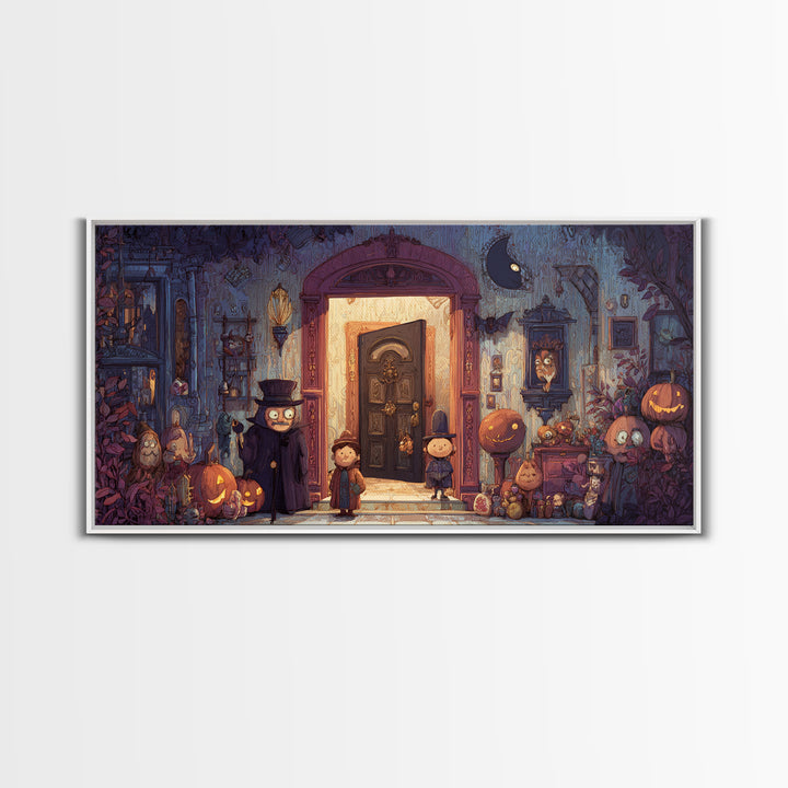 The Thirteenth Door Of Arkham House, Vector Halloween Art, Wide Panoramic Art, Framed Canvas Print, Cute Halloween Wall Art
