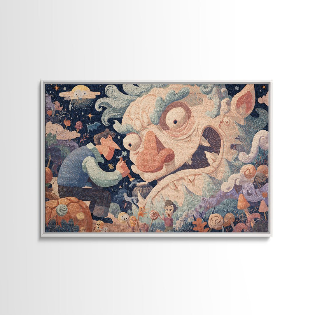 The Custodian Of The Whispering Idol, Crayon Halloween Art, Landscape Wall Art, Framed Canvas Print, Cute Halloween Wall Art