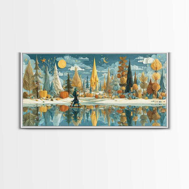 The Frost Beyond Carcosa, Paper Collage Halloween, Wide Panoramic Art, Framed Canvas Print, Cute Halloween Wall Art