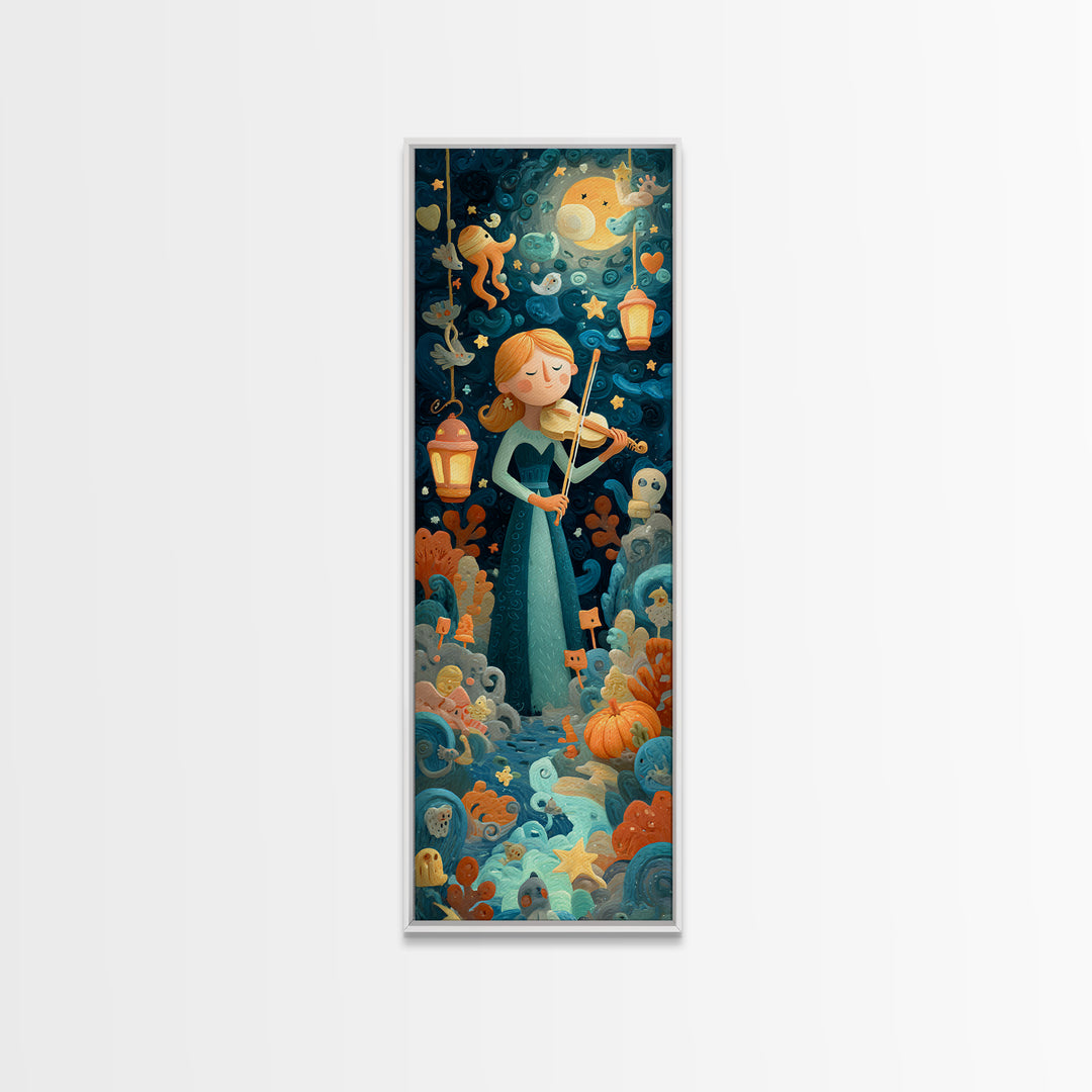 The Violinist Of The Drowned Moon, Clay Halloween Art, Tall Narrow Wall Art, Framed Canvas Print, Cute Halloween Wall Art