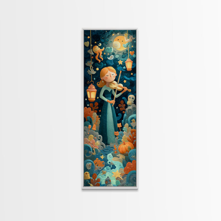 The Violinist Of The Drowned Moon, Clay Halloween Art, Tall Narrow Wall Art, Framed Canvas Print, Cute Halloween Wall Art