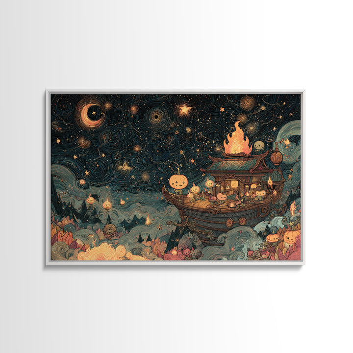 The Candelit Ark Of Forgotten Stars, Kawaii Halloween Art, Landscape Wall Art, Framed Canvas Print, Cute Halloween Wall Art