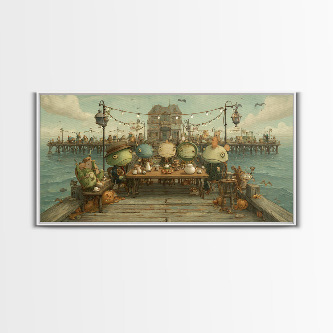 The Tea Party At Innsmouth Pier, Screenprint Halloween Art, Wide Panoramic Art, Framed Canvas Print, Cute Halloween Wall Art