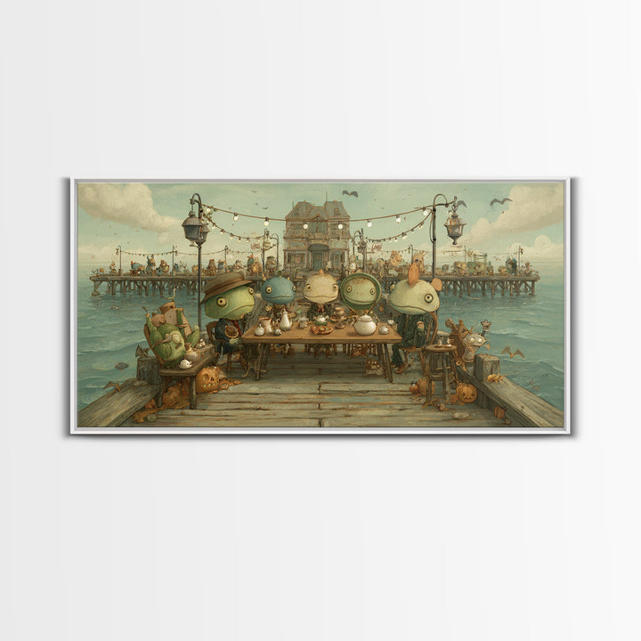 The Tea Party At Innsmouth Pier, Screenprint Halloween Art, Wide Panoramic Art, Framed Canvas Print, Cute Halloween Wall Art