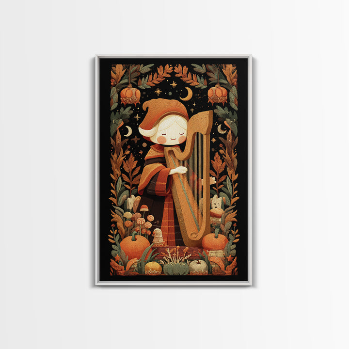The Harpist Of Abyssal Sleep, Embroidered Halloween Art, Vertical Wall Art, Canvas Print, Cute Halloween Wall Art