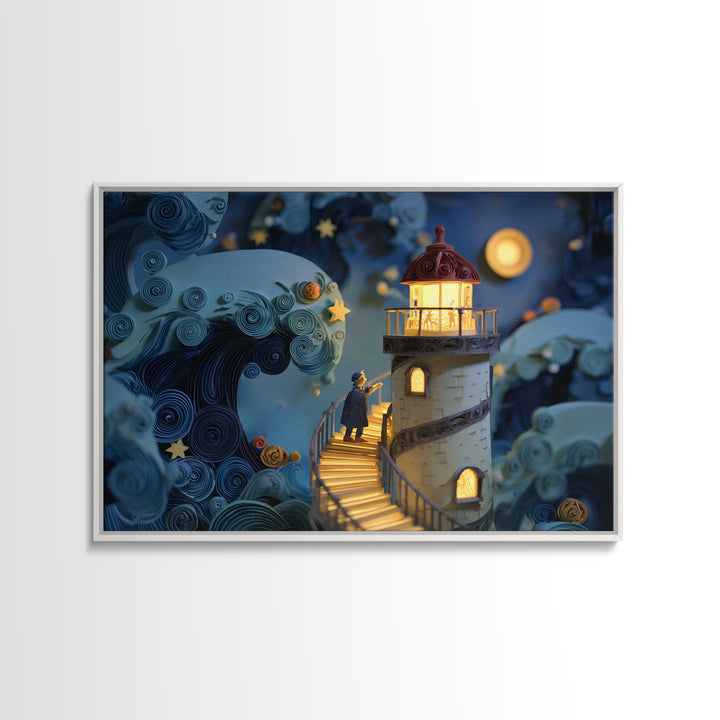 The Last Lighthouse Of Y’Ha-Nthlei, Quilled Halloween Art, Landscape Wall Art, Framed Canvas Print, Cute Halloween Wall Art