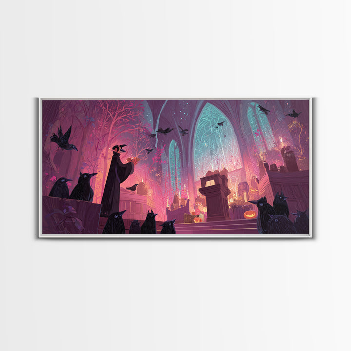 The Raven Sermon Of Leng, Vaporwave Halloween Art, Wide Panoramic Art, Framed Canvas Print, Cute Halloween Wall Art