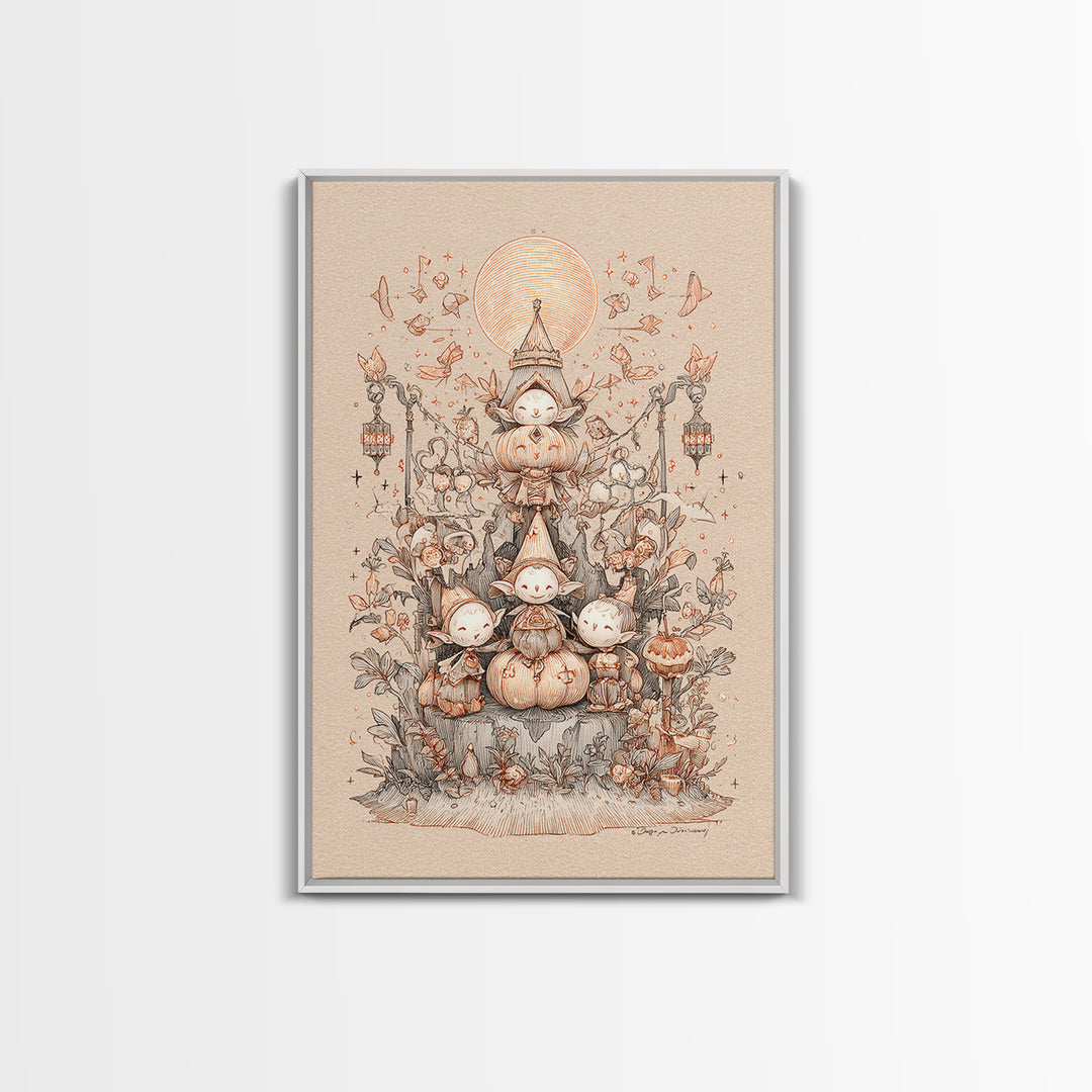 The Festival Of The Little Old Ones, Hand Sketch Halloween Art, Vertical Wall Art, Canvas Print, Cute Halloween Wall Art