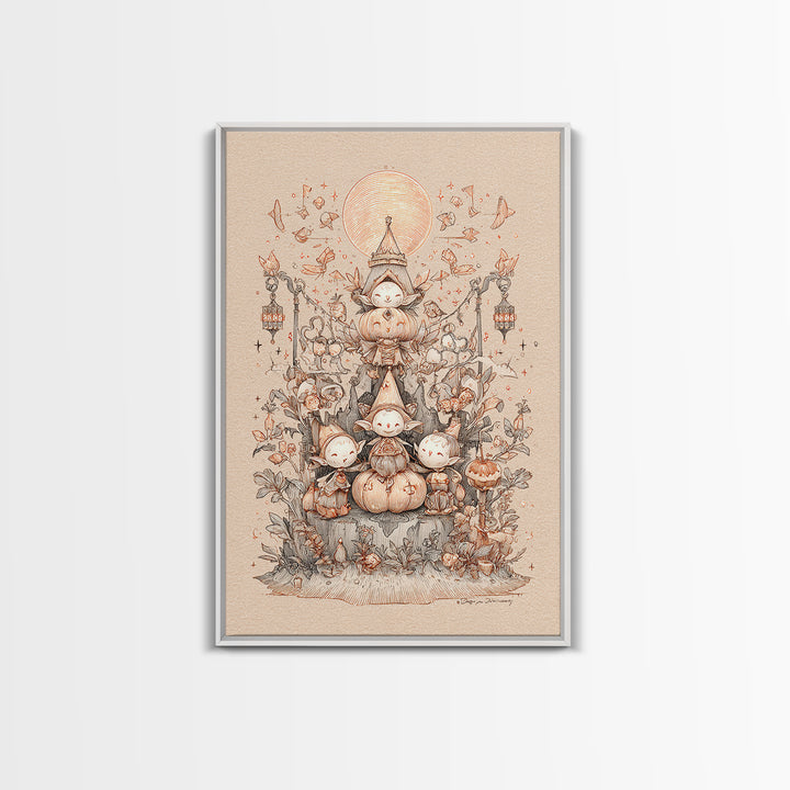 The Festival Of The Little Old Ones, Hand Sketch Halloween Art, Vertical Wall Art, Canvas Print, Cute Halloween Wall Art
