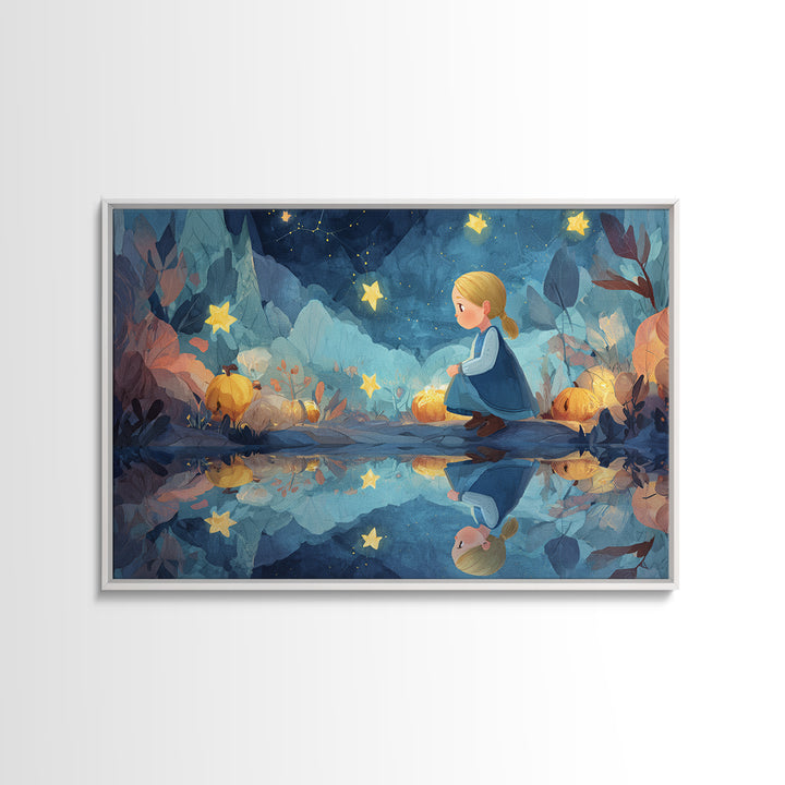 The Mirror Lake Of Lost Constellations, Watercolor Halloween Art, Landscape Wall Art, Framed Canvas Print, Cute Halloween Wall Art