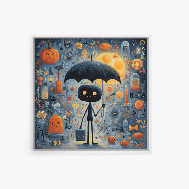 The Umbrella Of The Outer Rain, Gouache Halloween Art, Square Wall Art, Canvas Print, Cute Halloween Wall Art