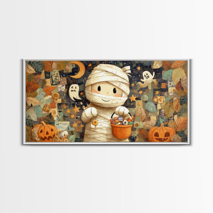 The Shy Little Mummy, Crayon Halloween Art, Wide Panoramic Art, Framed Canvas Print, Cute Halloween Wall Art