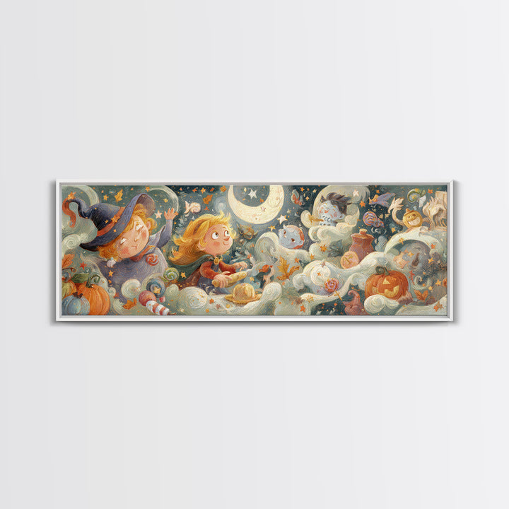 The Cookie Spellcaster, Pastel Halloween Art, Extra Wide Wall Art, Canvas Print, Cute Halloween Wall Art