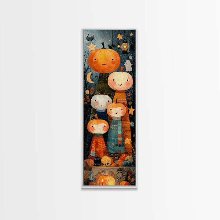 The Pumpkin Family Portrait, Paper Collage Halloween, Tall Narrow Wall Art, Framed Canvas Print, Cute Halloween Wall Art