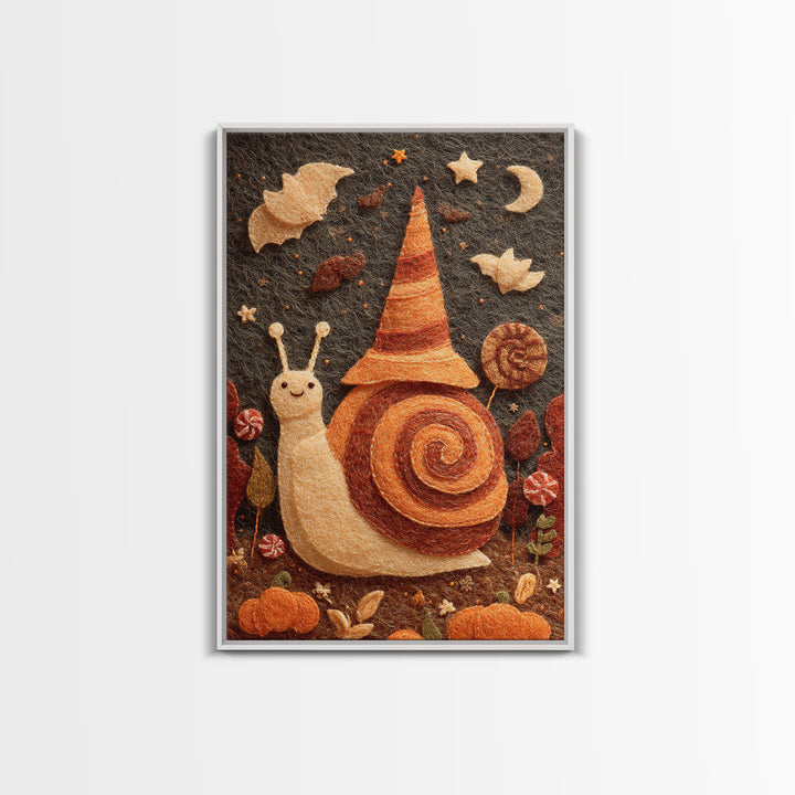 The Cinnamon-Roll Snail Witch, Felt Halloween Art, Vertical Wall Art, Canvas Print, Cute Halloween Wall Art