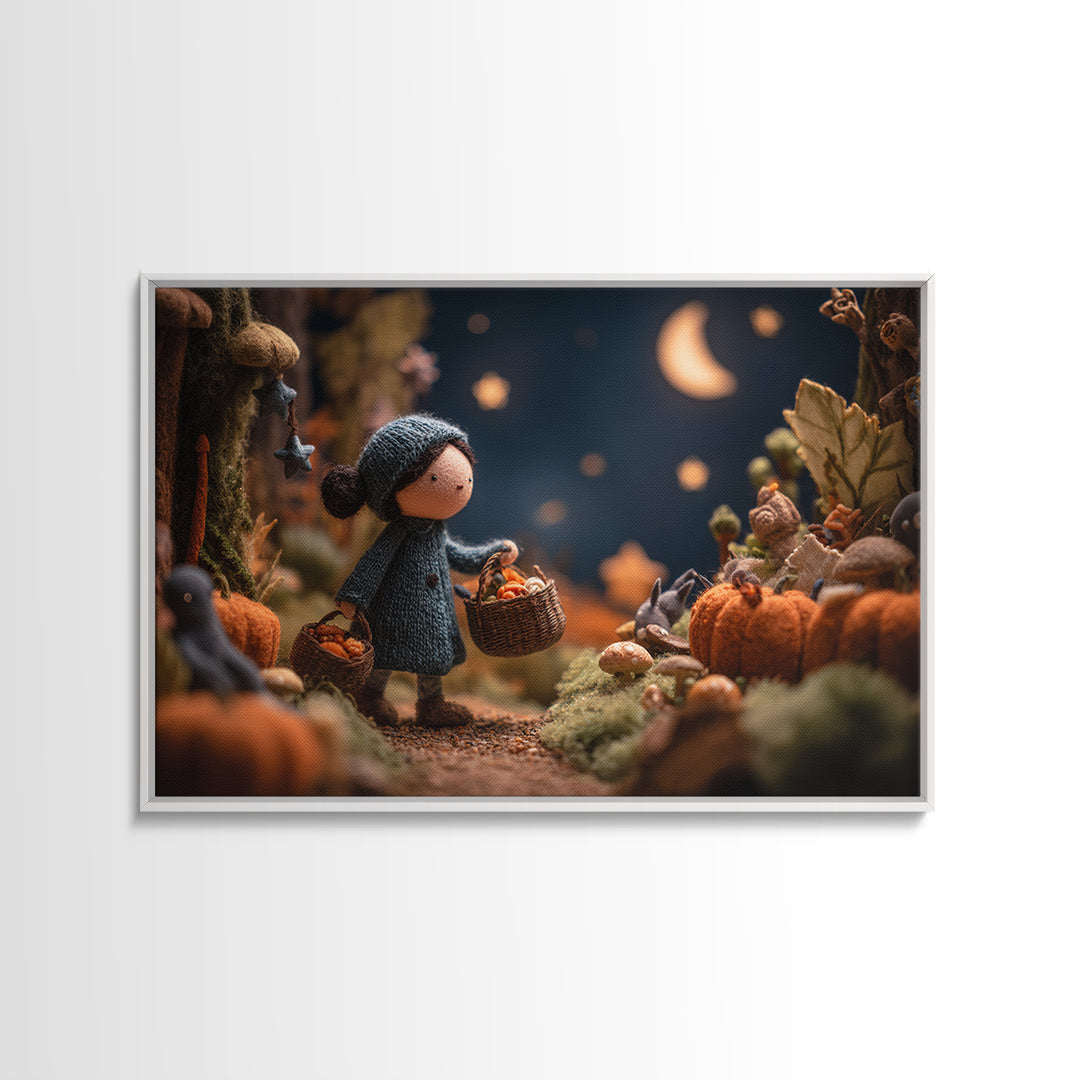 The Moonlit Scavenger Hunt, Clay Halloween Art, Landscape Wall Art, Framed Canvas Print, Cute Halloween Wall Art