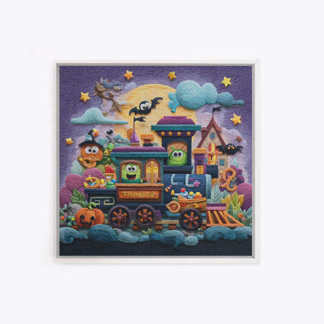The Trick-Or-Treat Express, Plush Halloween Art, Square Wall Art, Canvas Print, Cute Halloween Wall Art