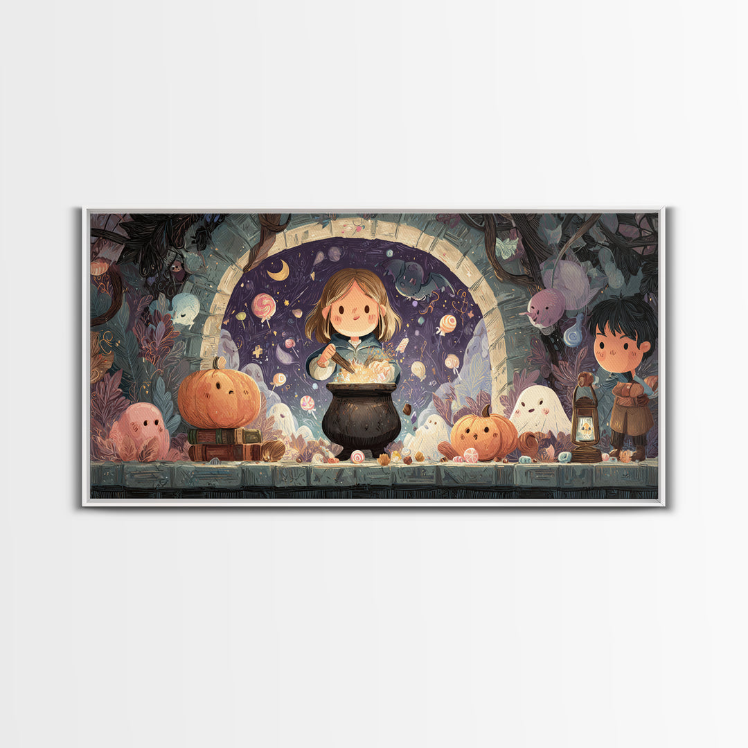 The Dreamwell Beneath Miskatonic, Kawaii Halloween Art, Wide Panoramic Art, Framed Canvas Print, Cute Halloween Wall Art