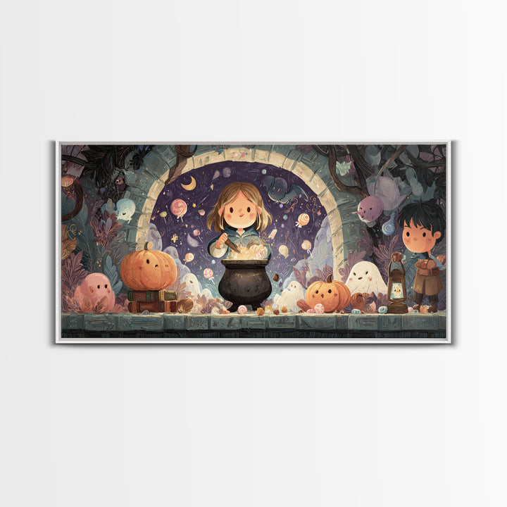 The Dreamwell Beneath Miskatonic, Kawaii Halloween Art, Wide Panoramic Art, Framed Canvas Print, Cute Halloween Wall Art
