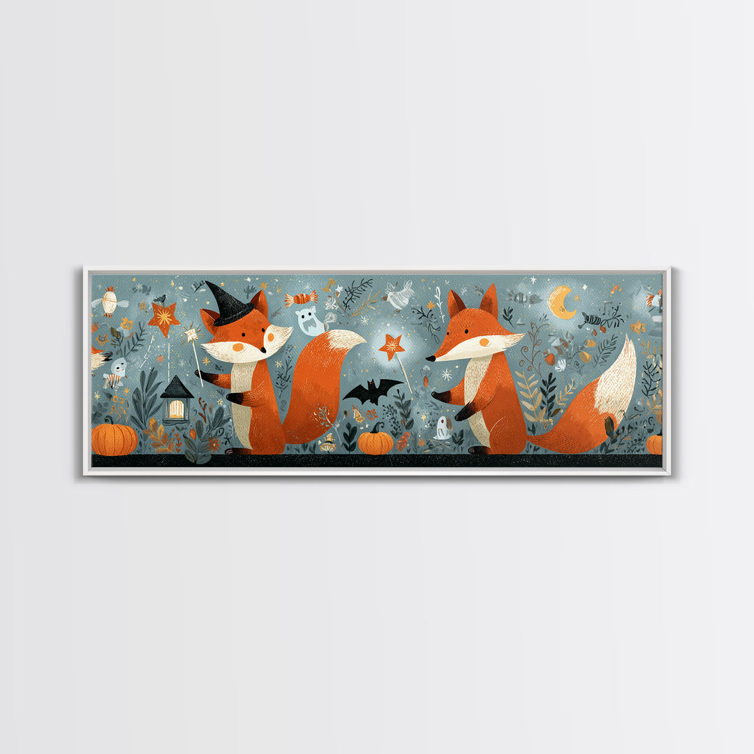 The Fox Wizard, Retro Halloween Art, Extra Wide Wall Art, Canvas Print, Cute Halloween Wall Art, Cozy Autumn Kids Decor