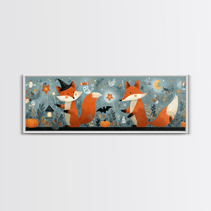 The Fox Wizard, Retro Halloween Art, Extra Wide Wall Art, Canvas Print, Cute Halloween Wall Art, Cozy Autumn Kids Decor