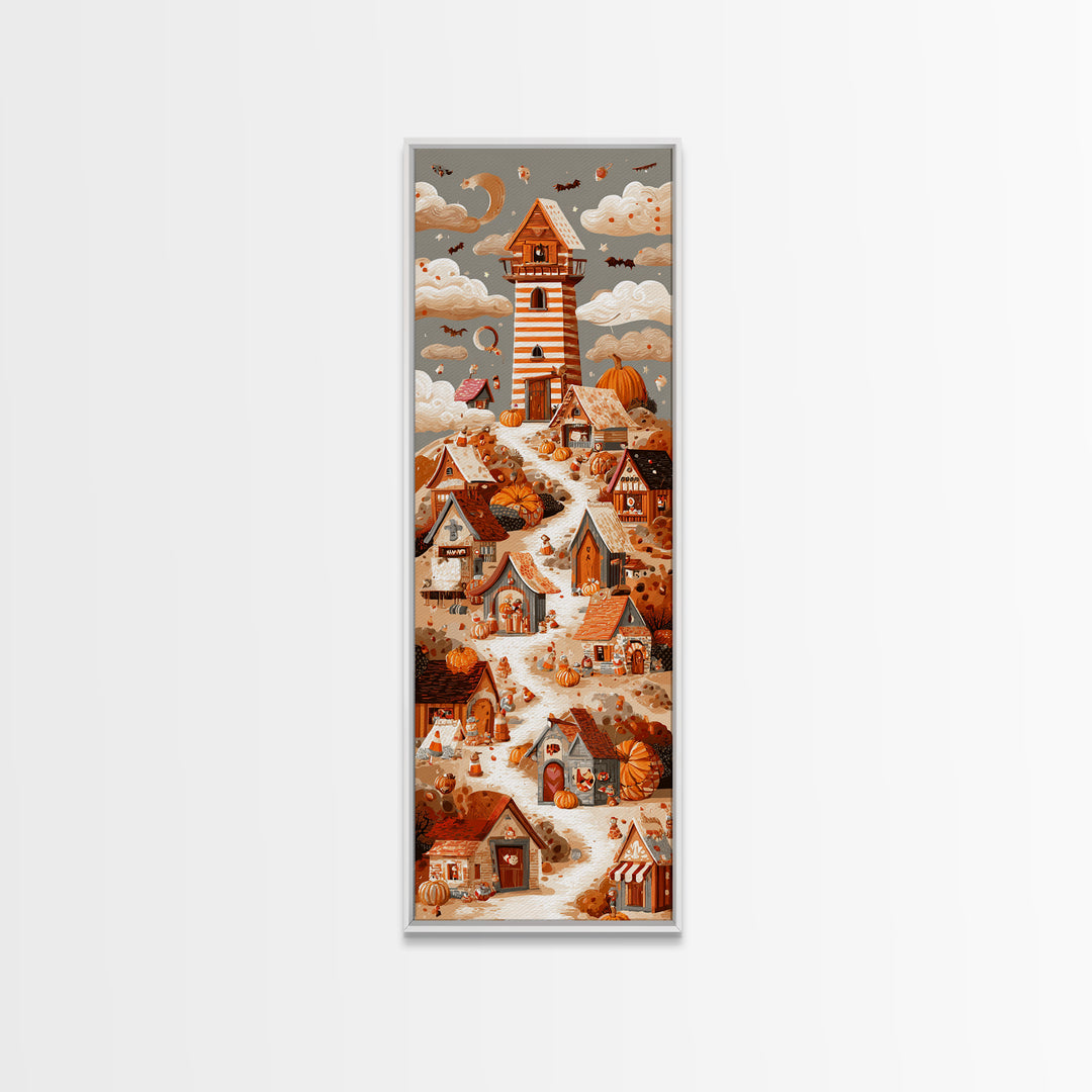 Candy Corn Village, Screenprint Halloween Art, Tall Narrow Wall Art, Framed Canvas Print, Cute Halloween Wall Art