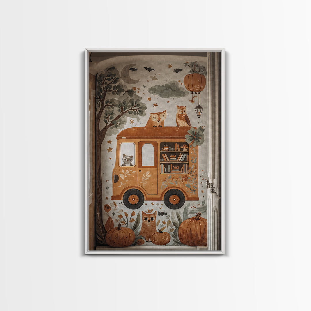 The Pumpkin Bookmobile, Folk Halloween Art, Vertical Wall Art, Canvas Print, Cute Halloween Wall Art