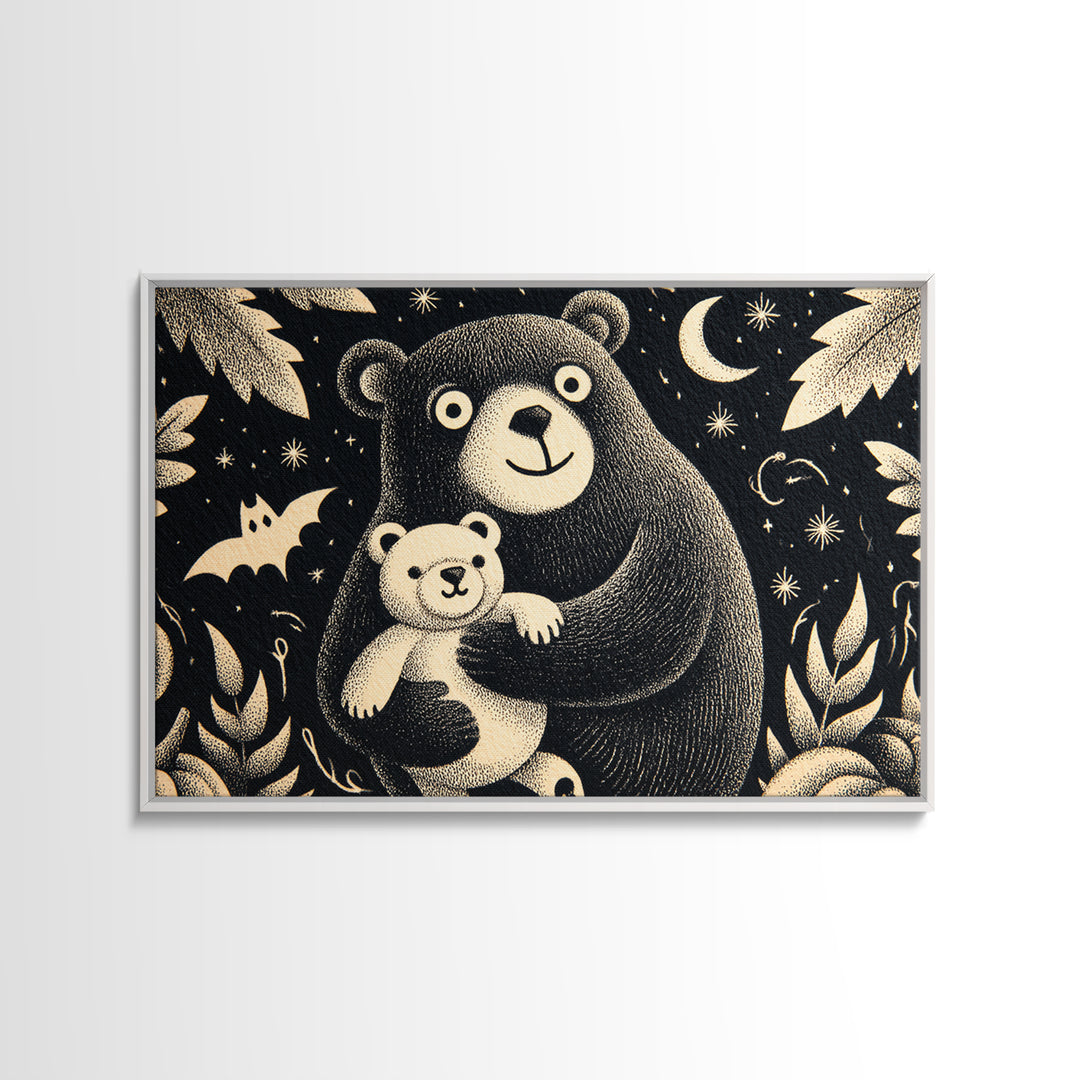 The Three-Eyed Teddy Monster, Linocut Halloween Art, Landscape Wall Art, Framed Canvas Print, Cute Halloween Wall Art
