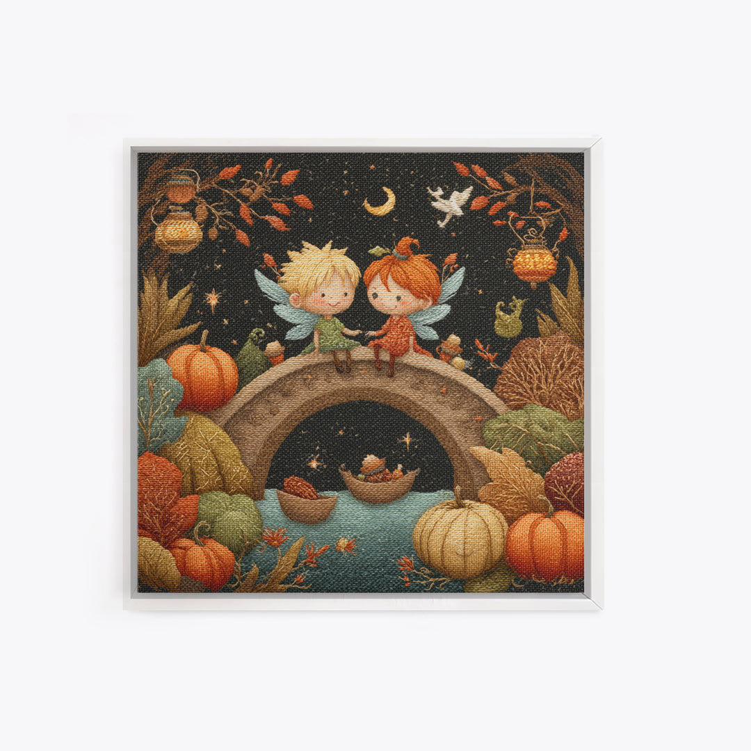 The Autumn Fairy Bridge, Embroidered Halloween Art, Square Wall Art, Canvas Print, Cute Halloween Wall Art
