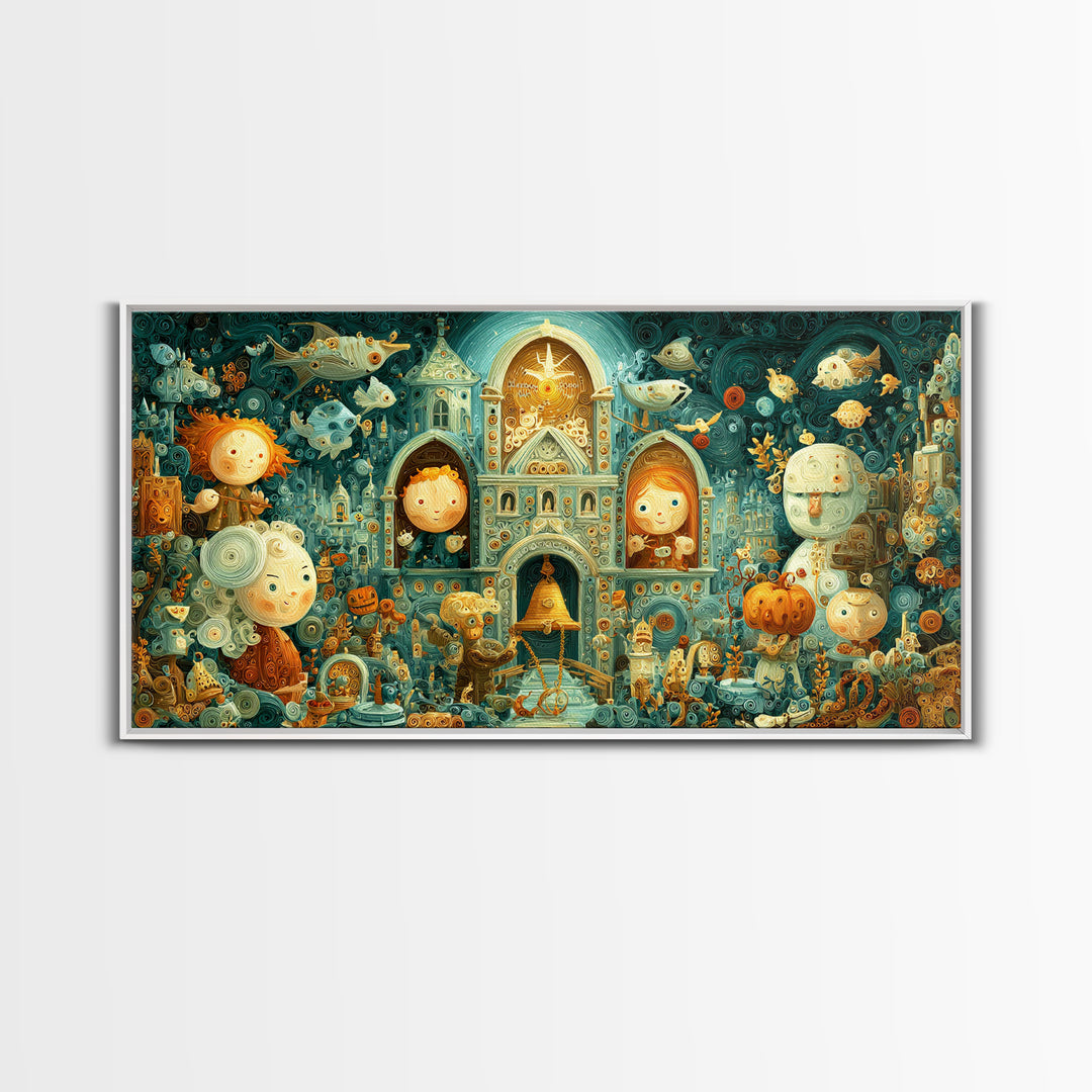 The Bellringer Of The Sunken Cathedral, Quilled Halloween Art, Wide Panoramic Art, Framed Canvas Print, Cute Halloween Wall Art