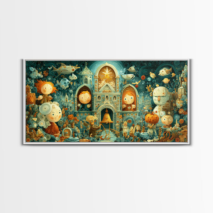 The Bellringer Of The Sunken Cathedral, Quilled Halloween Art, Wide Panoramic Art, Framed Canvas Print, Cute Halloween Wall Art