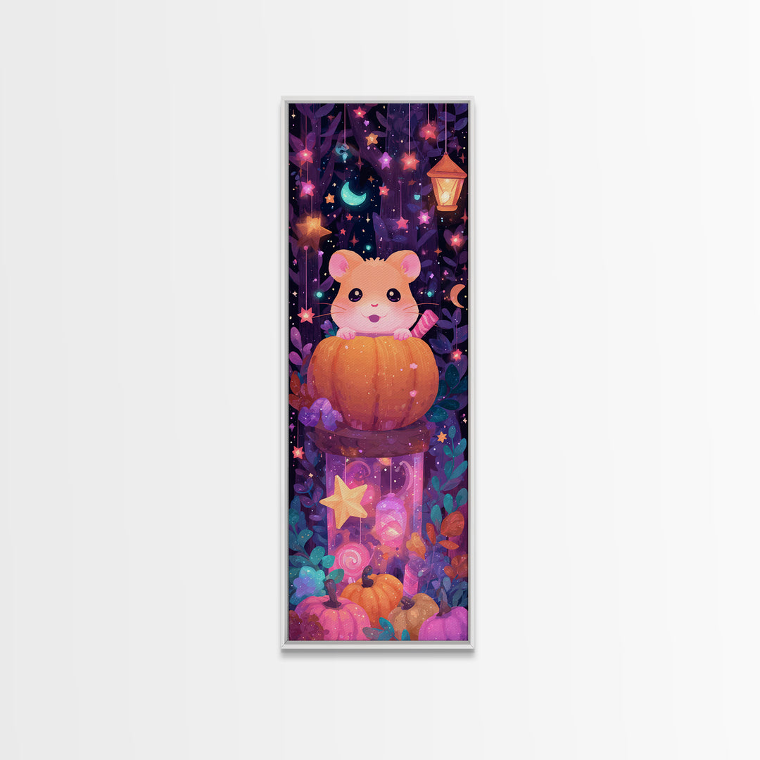 The Pumpkin Hamster, Vaporwave Halloween Art, Tall Narrow Wall Art, Framed Canvas Print, Cute Halloween Wall Art