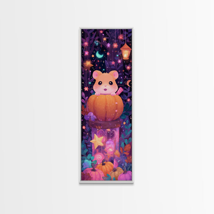The Pumpkin Hamster, Vaporwave Halloween Art, Tall Narrow Wall Art, Framed Canvas Print, Cute Halloween Wall Art